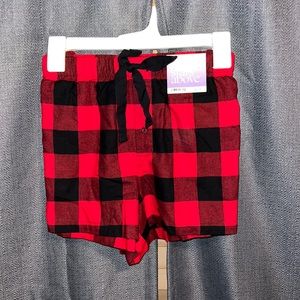 Red and Black Plaid Pajama Shorts With Pockets, Tie Drawstring and Faux Buttons